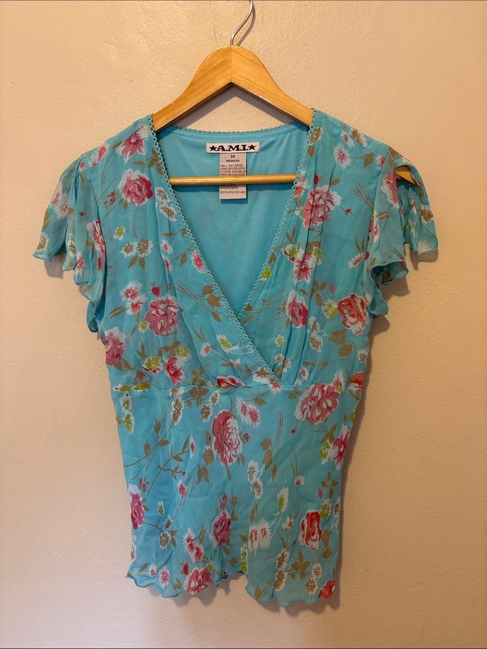 Ami Turquoise Floral V-Neck Blouse with Flutter Sleeves